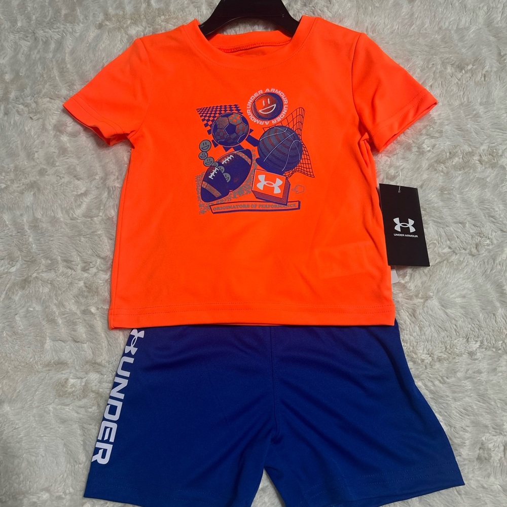 NWT Under Armour Boys Orange T-Shirt & Blue Shorts Matching Set | 18 Months